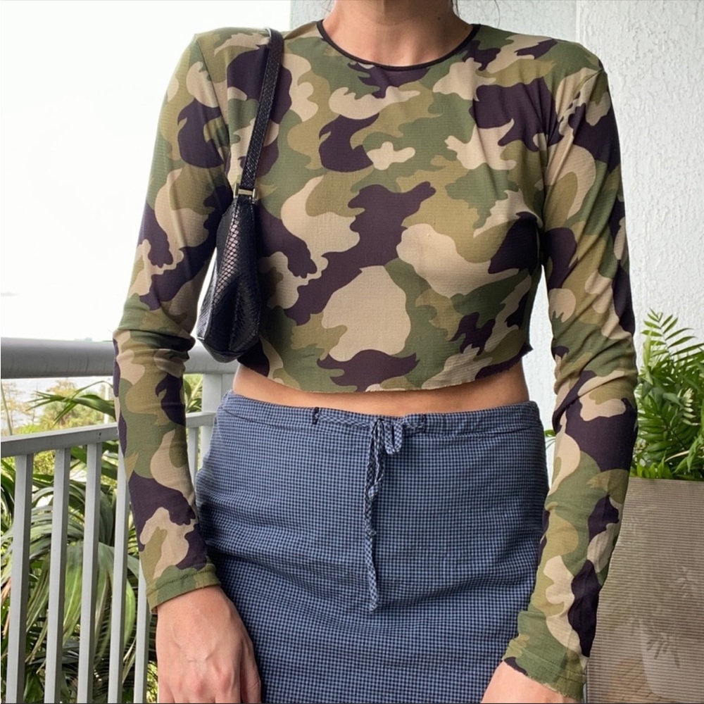 Sheer Mesh Camo Long Sleeve Crop Top